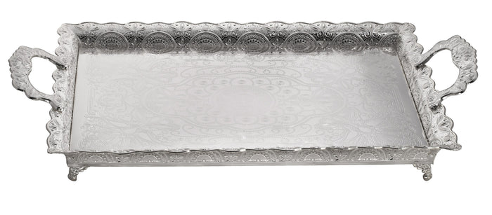 Large silver-plated rectangular candle tray with pierced filigree border, scrolled handles and small feet