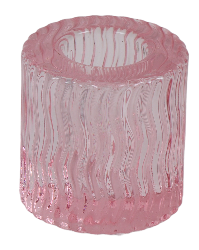 Short pink crystal candlestick with wavy vertical ribbing, side view