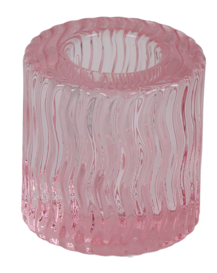 Short pink crystal candlestick with wavy vertical ribbing, side view