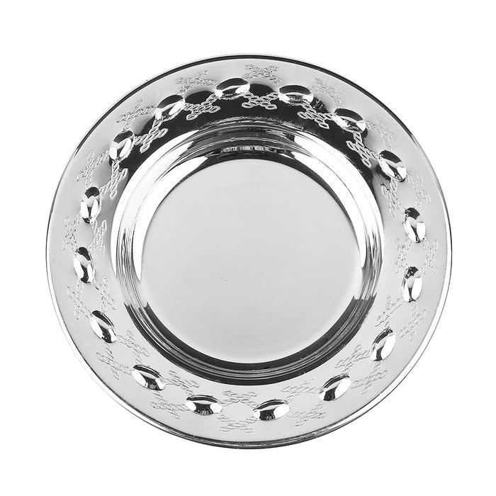 Round silver-coated mini Kiddush cup tray with a ring of raised oval bosses, top view