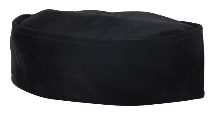 Black velvet Rosh Yeshiva kippah with tall straight sides and flat top, side view