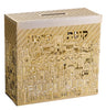 24K gold-plated tzedakah box with raised Jerusalem Old City and Beis HaMikdash scene, angled view