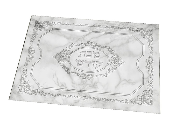 White marble-print glass challah board with silver scroll border and Shabbos Kodesh medallion