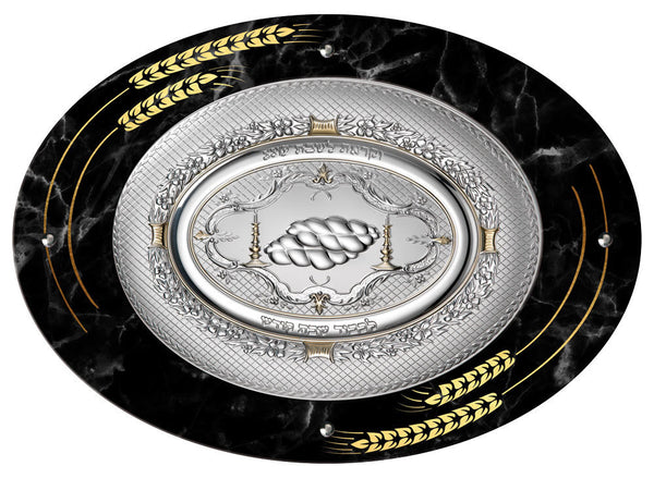 Camilletti Oval Challah Tray with 925 SP Silver 15.75x10.65" Black Marble with Gold Barley — Challah Board