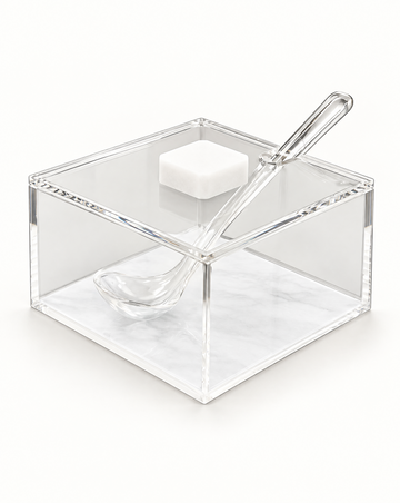 Square clear acrylic honey dish over a white pearl base panel, flat lid with a white square knob and a clear acrylic spoon set through the lid slot