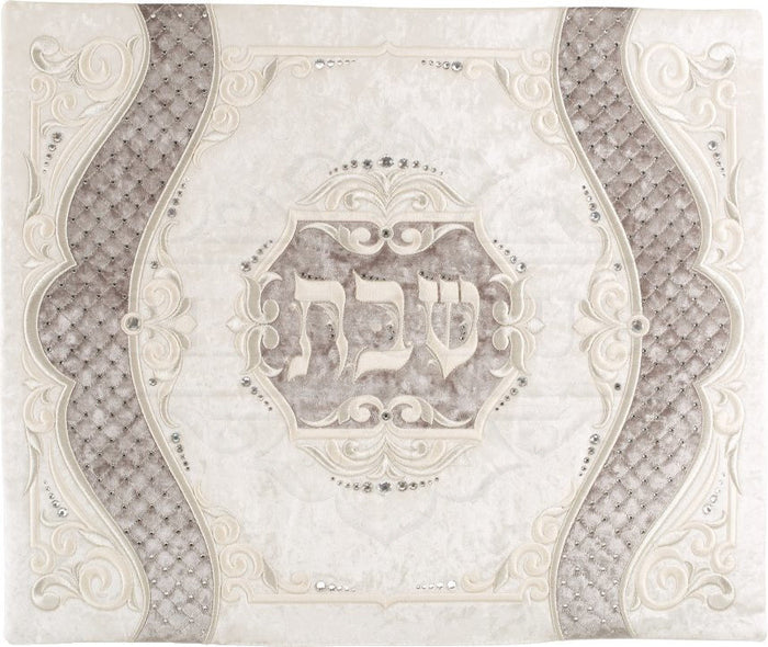 Ivory and grey scalloped crushed velvet challah cover | Judaica Square Lakewood