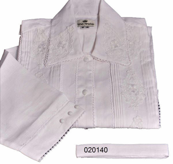 Pleated kittel with full emblem lace 020140 | Judaica Square Lakewood
