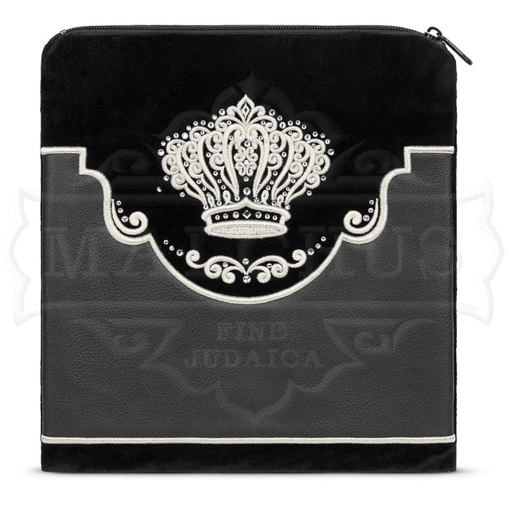 Black velvet bag with faux leather trim design 545 tallis and tefillin | Judaica Square Lakewood