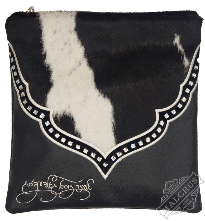 Black leather tallis and tefillin bag with fur panel, design #5050 | Judaica Square Lakewood