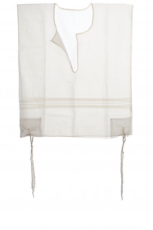 Wool White-on-White Tzitzis, V-Neck 1-Hole Keshiras Ashkenaz
