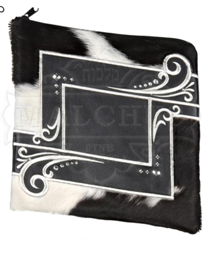 Black leather tallis and tefillin bag with brown and white fur, design 2032 | Judaica Square Lakewood