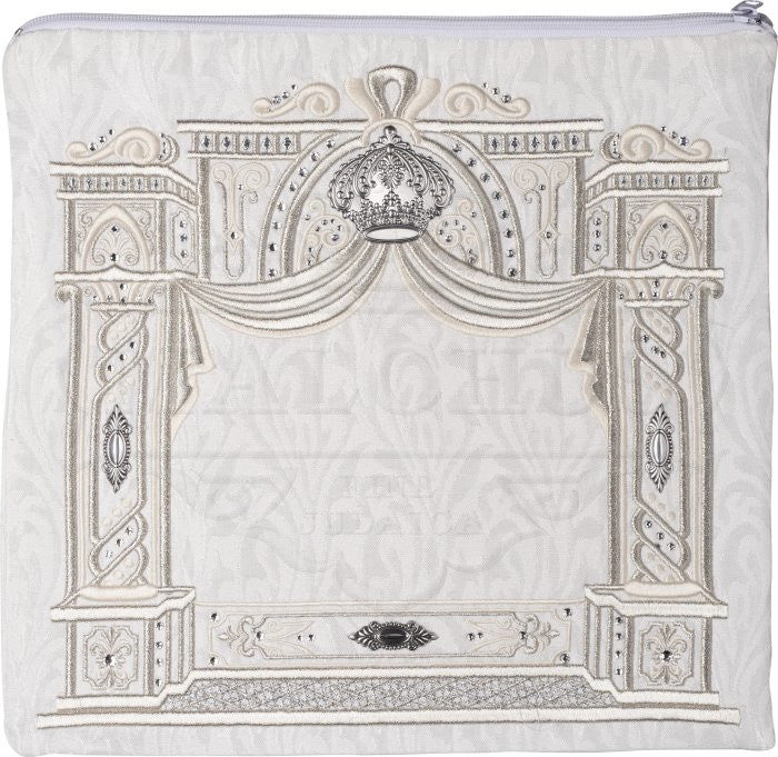 White Velvet Tallis Bag with Sterling Silver Ornaments and Crown #173