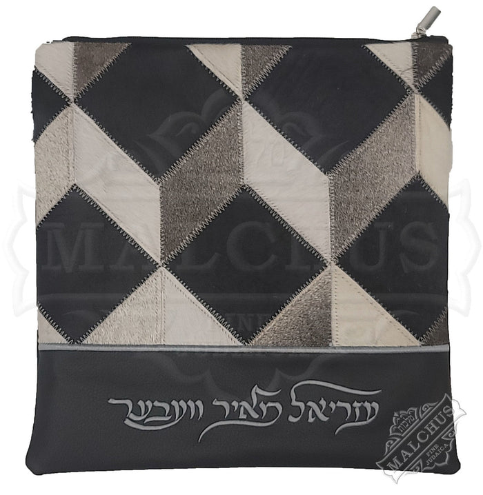 Black leather and 3D box fur tallis and tefillin bag #7010LF-11 | Judaica Square Lakewood
