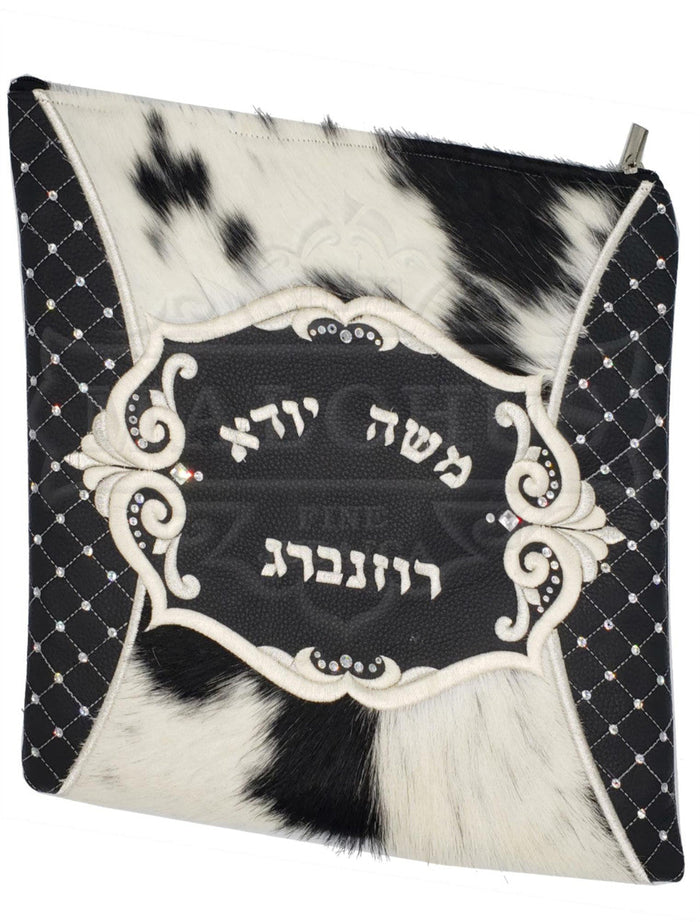 Black leather tallis and tefillin bag with black fur, design 2028 | Judaica Square Lakewood