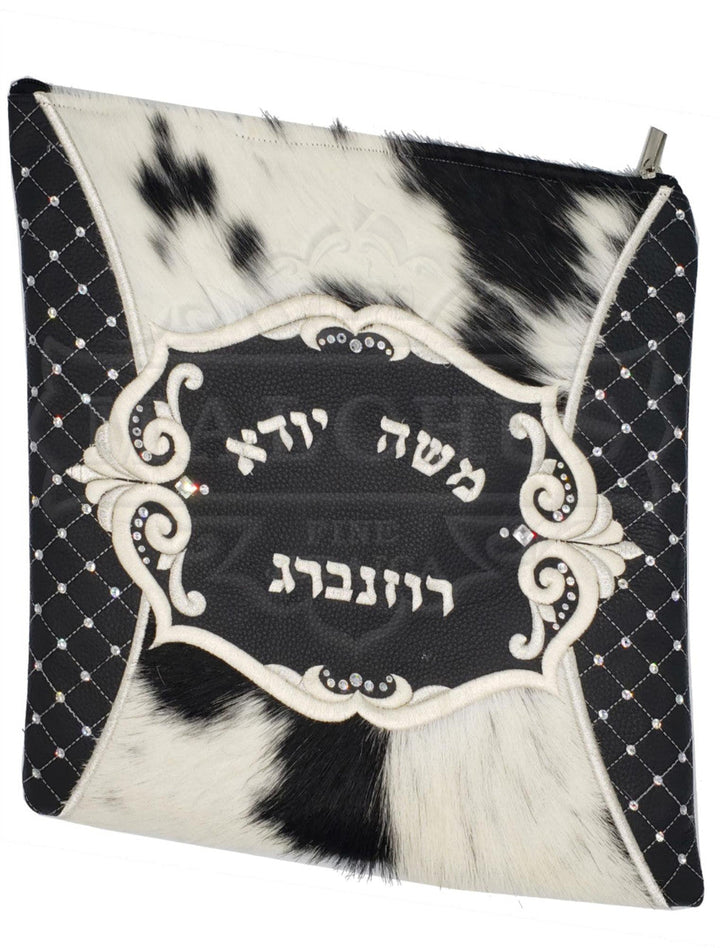 Black leather tallis and tefillin bag with black fur, design 2028 | Judaica Square Lakewood