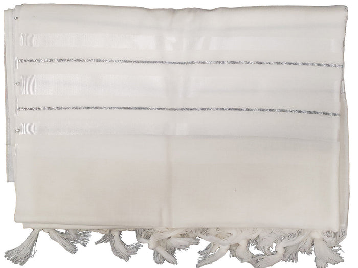 Traditional wool tallis with white and silver stripes | Judaica Square Lakewood