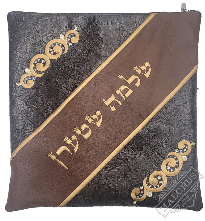 Floral leather and white velvet tallis bag design 1035 | Judaica Square Lakewood