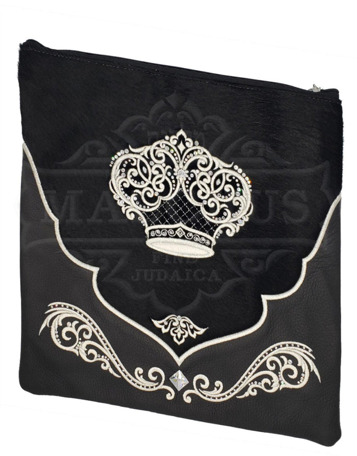 Black fur and leather tallis and tefillin bag, design #4014 | Judaica Square Lakewood