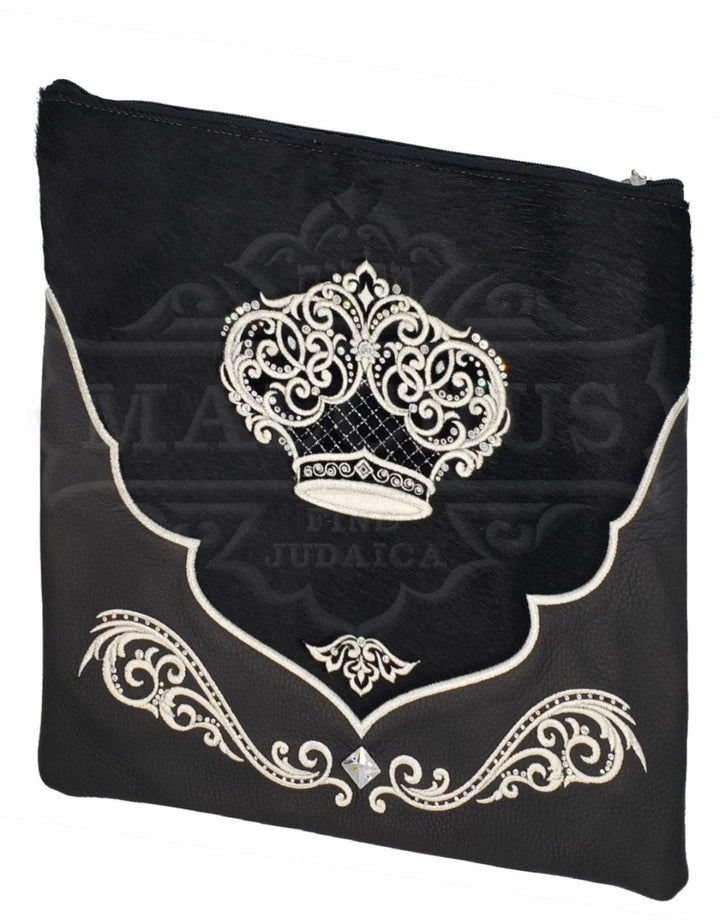 Black fur and leather tallis and tefillin bag, design #4014 | Judaica Square Lakewood