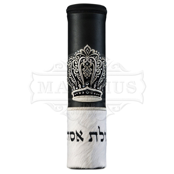 Crown scroll black leather and white fur megillah case #1040 | Judaica Square Lakewood