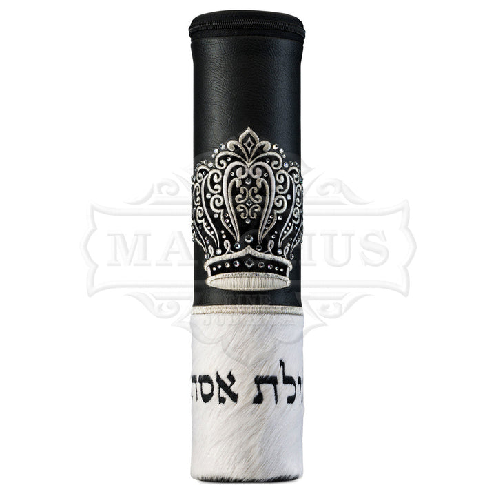 Crown scroll black leather and white fur megillah case #1040 | Judaica Square Lakewood