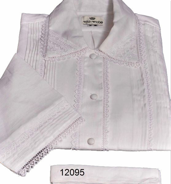 Pleated kittel with cross pointy collar lace | Judaica Square Lakewood