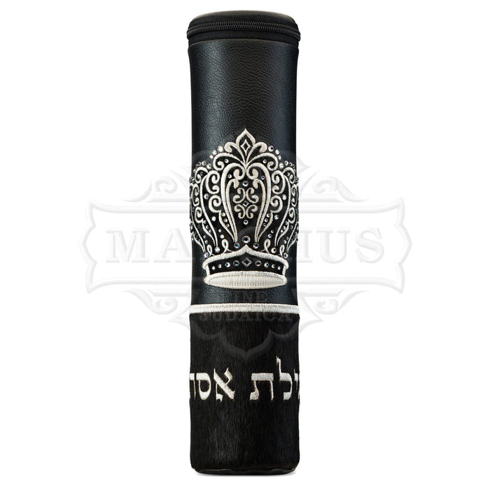Crown scroll black faux leather and fur megillah case #1040 | Judaica Square Lakewood