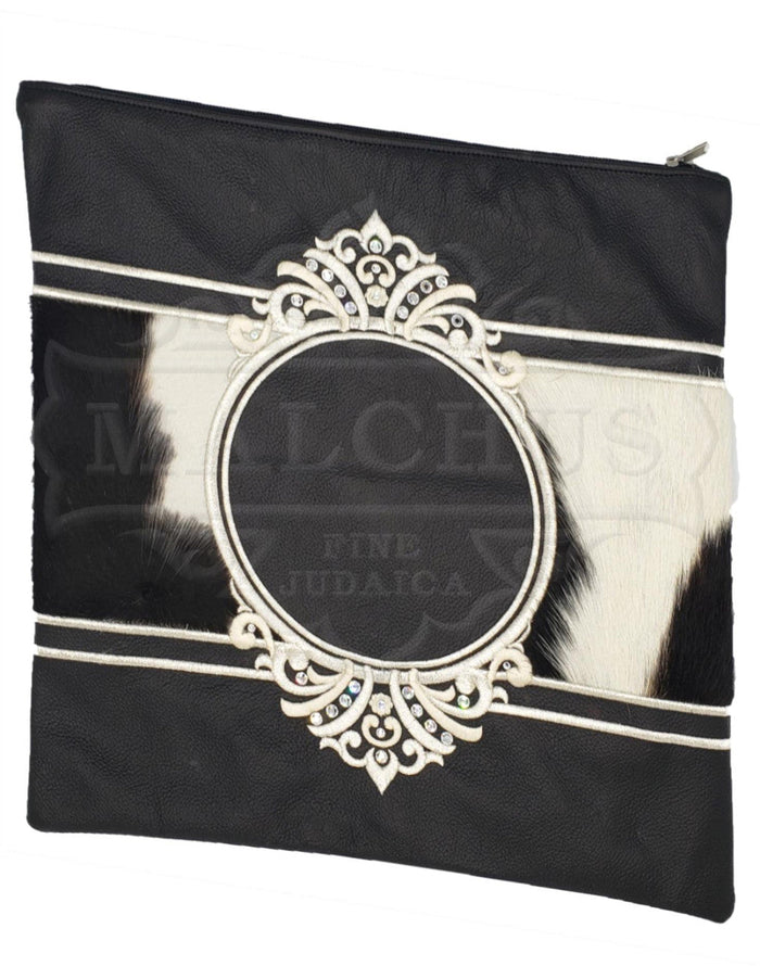 Black leather tallis and tefillin bag with fur band, design 2023 | Judaica Square Lakewood