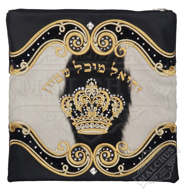 Black leather tallis and tefillin bag with black velvet, design 2048 | Judaica Square Lakewood