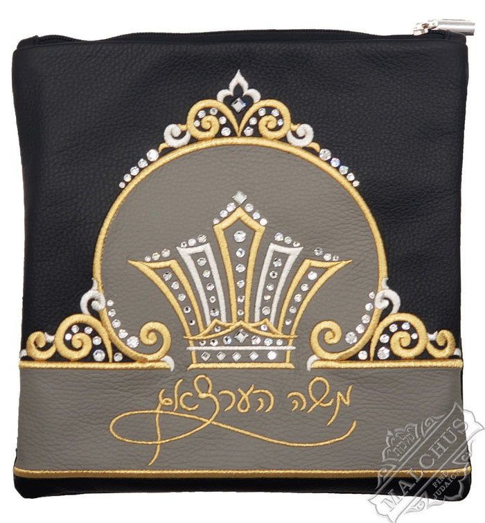 Grey leather tallis and tefillin bag with speckled fur, design #4048 | Judaica Square Lakewood