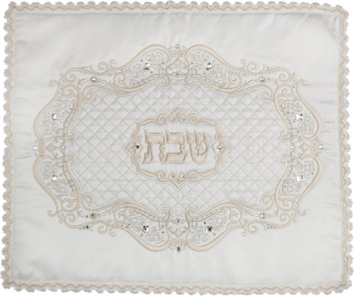 Swarovski oval quilted satin challah cover with pearls | Judaica Square Lakewood