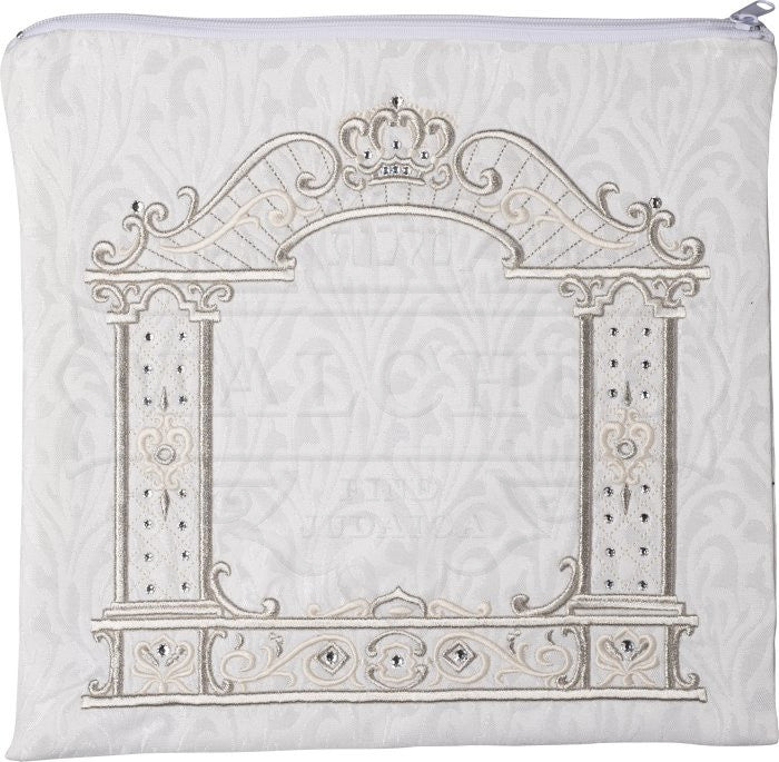 White velvet tallis bag with embroidered canopy arch #165 | Judaica Square Lakewood