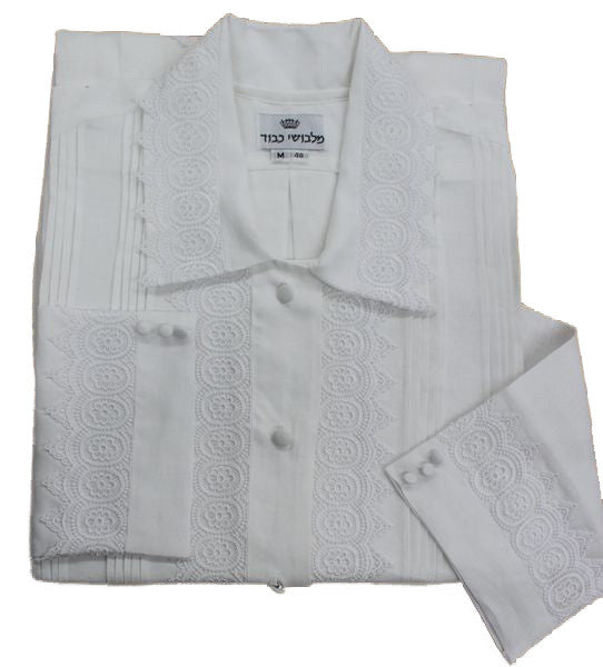 Pleated kittel with crown lace design 14170 | Judaica Square Lakewood