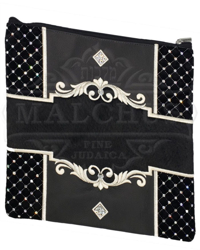Black leather tallis and tefillin bag with white fur, design #3023 | Judaica Square Lakewood