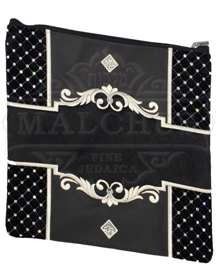 Black leather tallis and tefillin bag with white fur, design #3023 | Judaica Square Lakewood