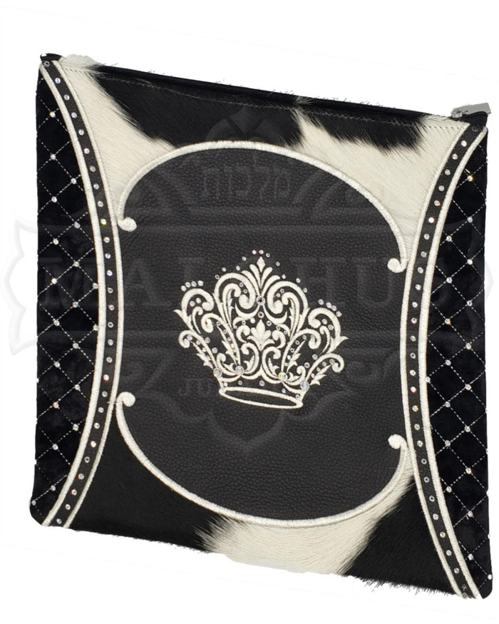 Leather tallis and tefillin bag with black and white fur trim, design #3016 | Judaica Square Lakewood