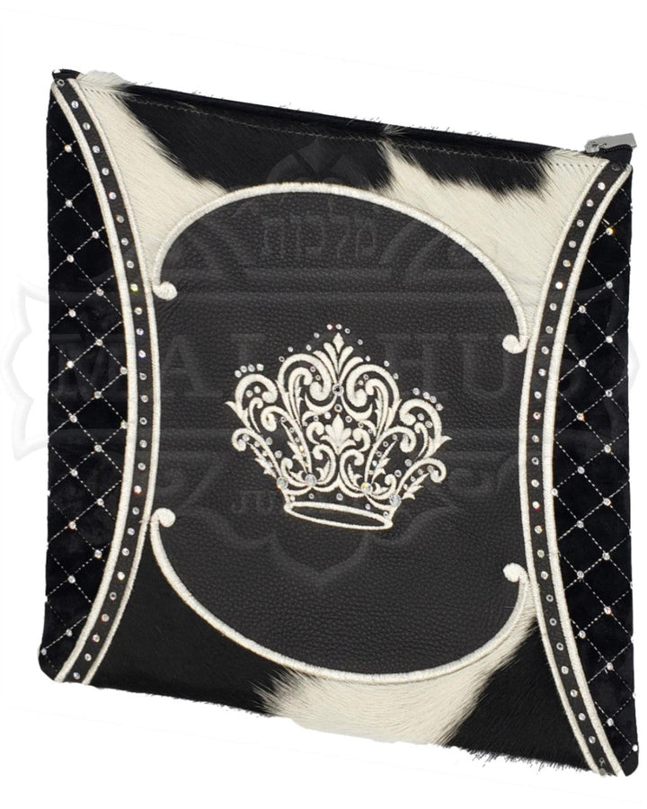 Leather tallis and tefillin bag with black and white fur trim, design #3016 | Judaica Square Lakewood
