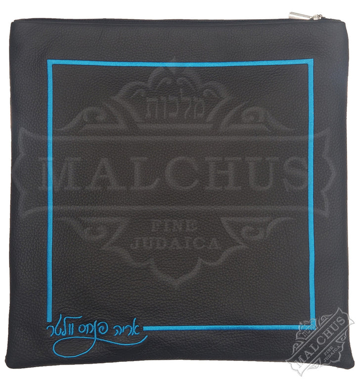 Black leather tallis and tefillin bag with blue embroidery, design #5010 | Judaica Square Lakewood