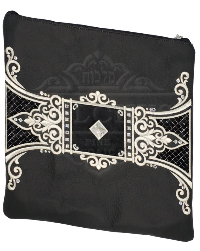 All black tallis and tefillin bag with fur center panel, design 2010 | Judaica Square Lakewood