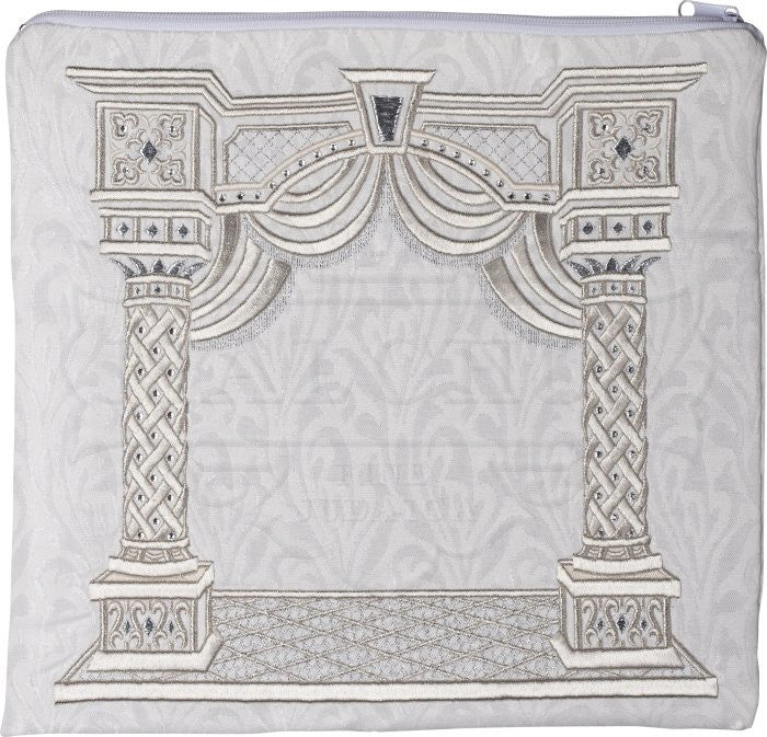 White velvet tallis bag with 3D column canopy and curtain #186 | Judaica Square Lakewood