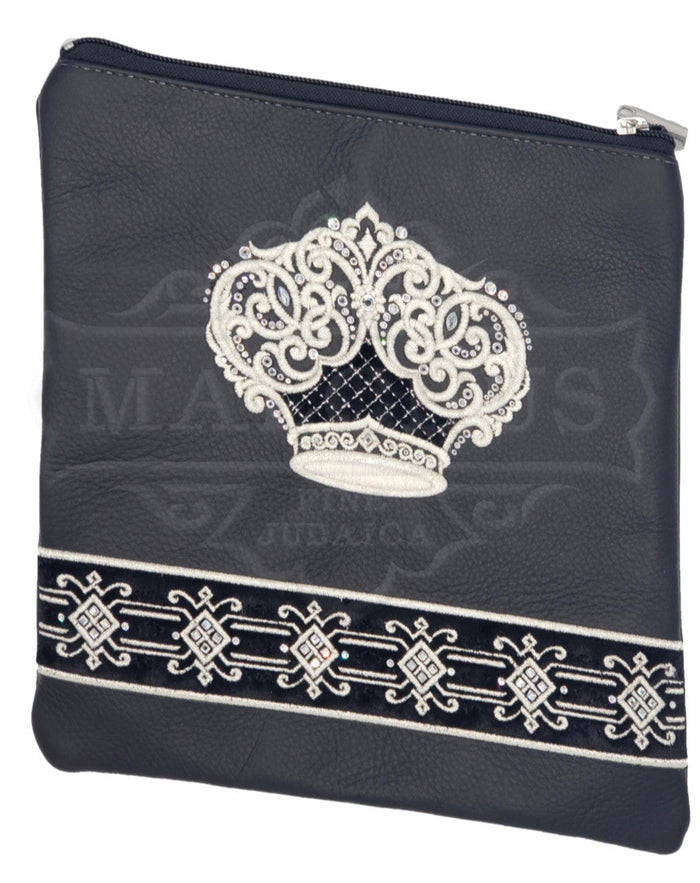 Black leather tallis and tefillin bag with white velvet inset, design 2012 | Judaica Square Lakewood