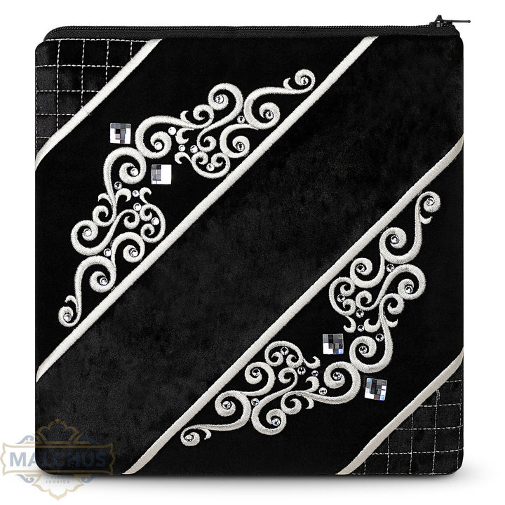 Black Velvet Tallis & Tefillin Bag, Silver Embroidery, Design #918