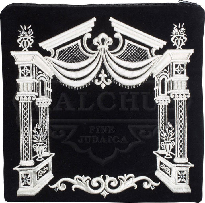 3D canopy arch and flower pot embroidery on velvet tallis and tefillin bag | Judaica Square Lakewood