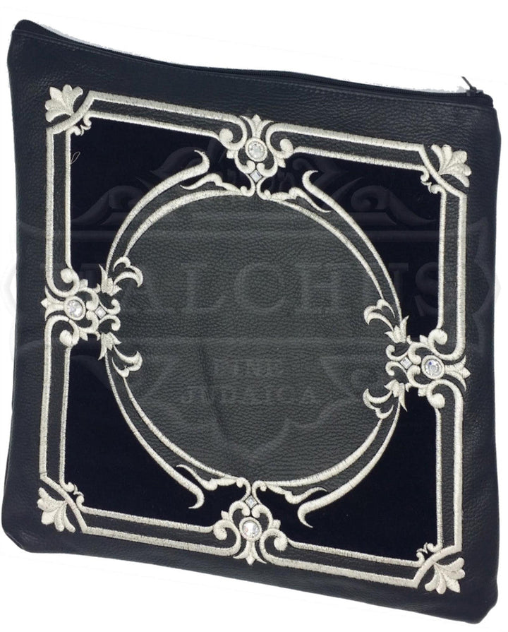 Navy leather tallis and tefillin bag with navy velvet, design 2030 | Judaica Square Lakewood