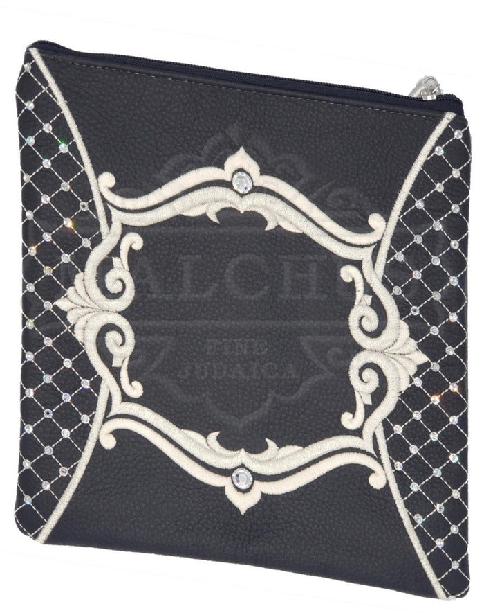 Black leather tallis and tefillin bag with optional fur band, design 2027 | Judaica Square Lakewood