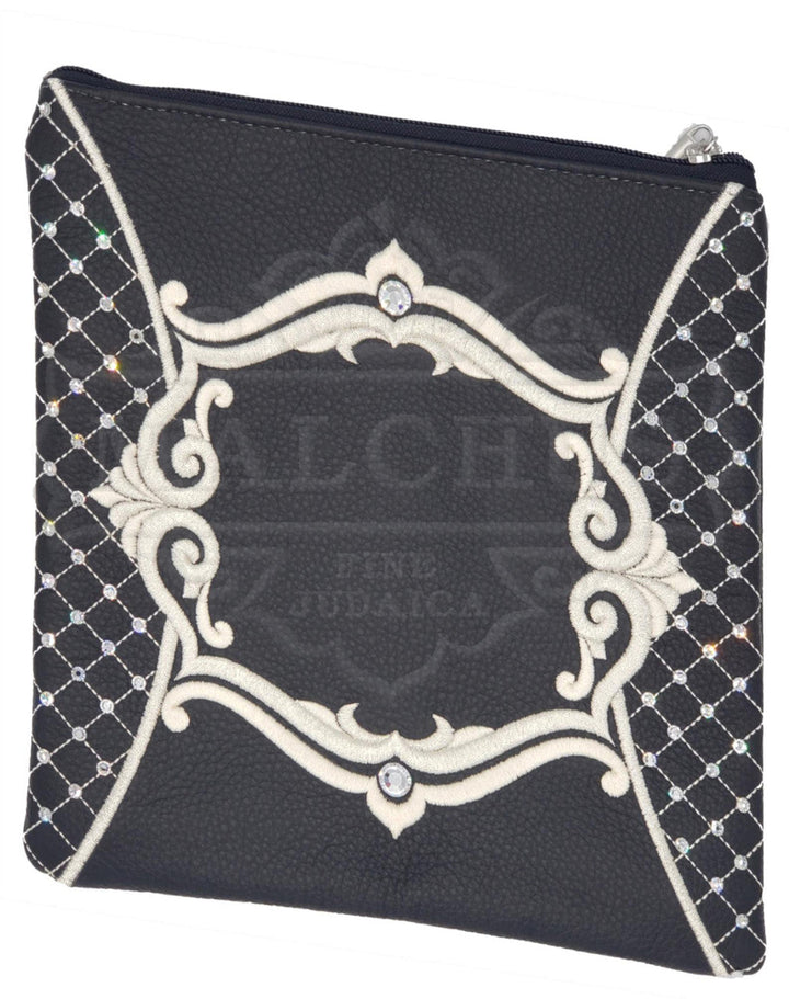 Black leather tallis and tefillin bag with optional fur band, design 2027 | Judaica Square Lakewood