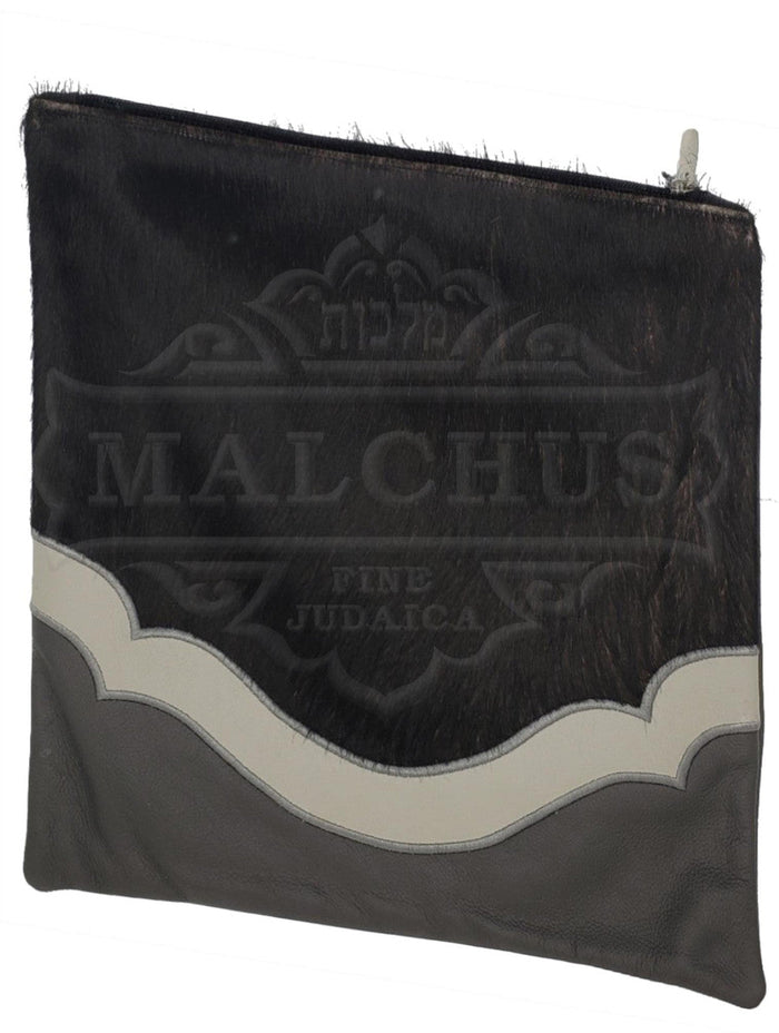 Beige leather tallis bag with black fur trim design 1040 | Judaica Square Lakewood