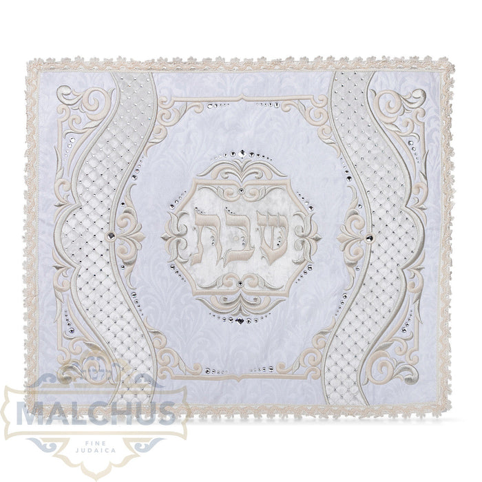 Scalloped brocade and ivory velvet challah cover with trim | Judaica Square Lakewood
