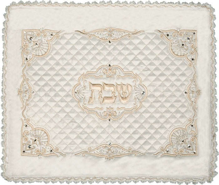 Pearl and Swarovski quilted white satin challah cover | Judaica Square Lakewood
