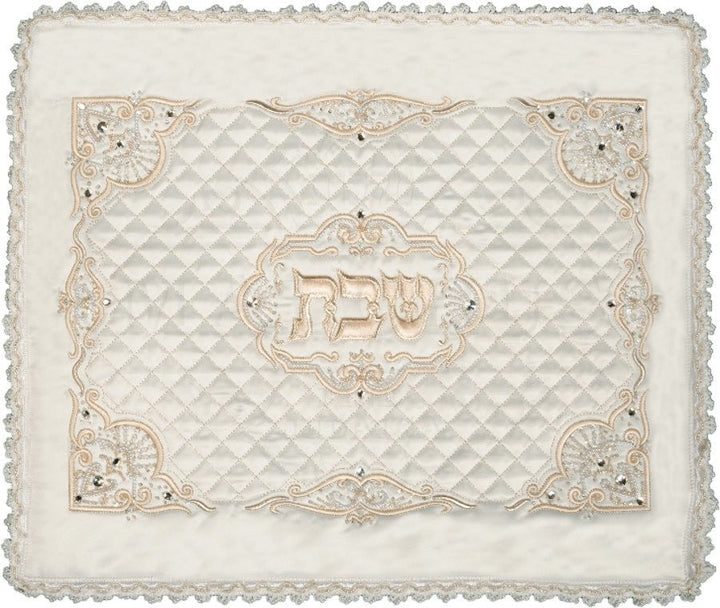 Quilted White Satin Challah Cover with Pearls and Swarovski Crystals #180